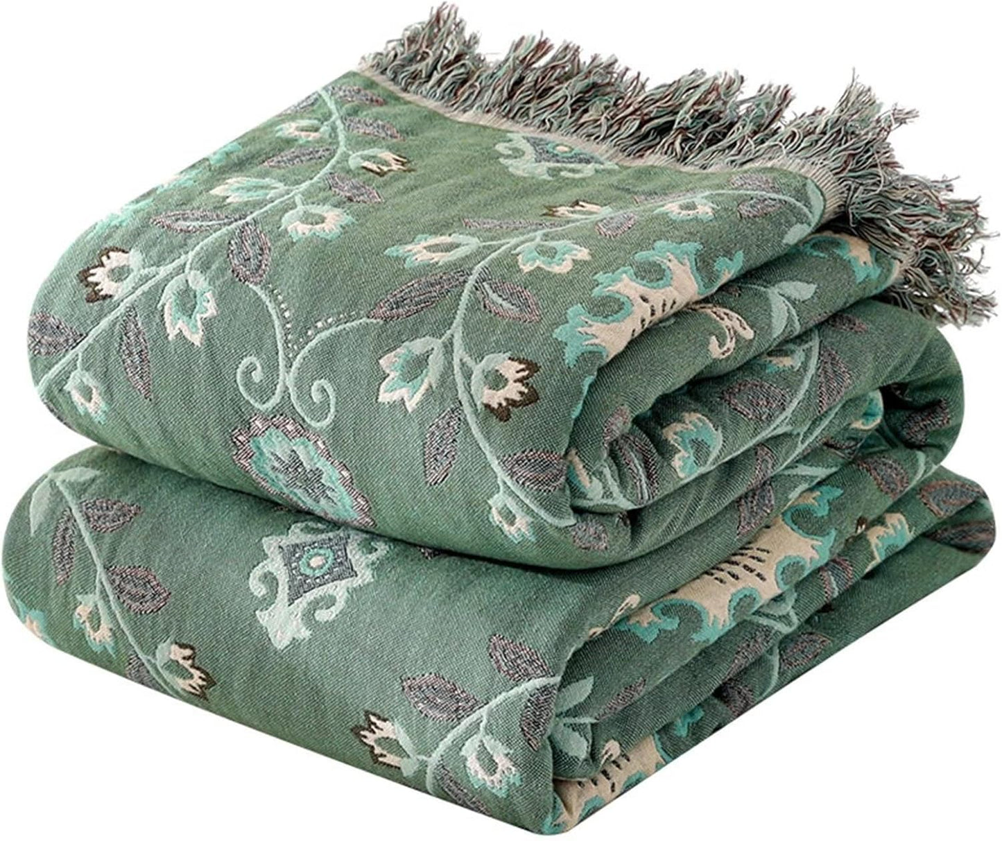 MSGKV Boho Throw Blanket for Couch Bed 100% Cotton Blankets Woven Green Blanket,Versatile Double