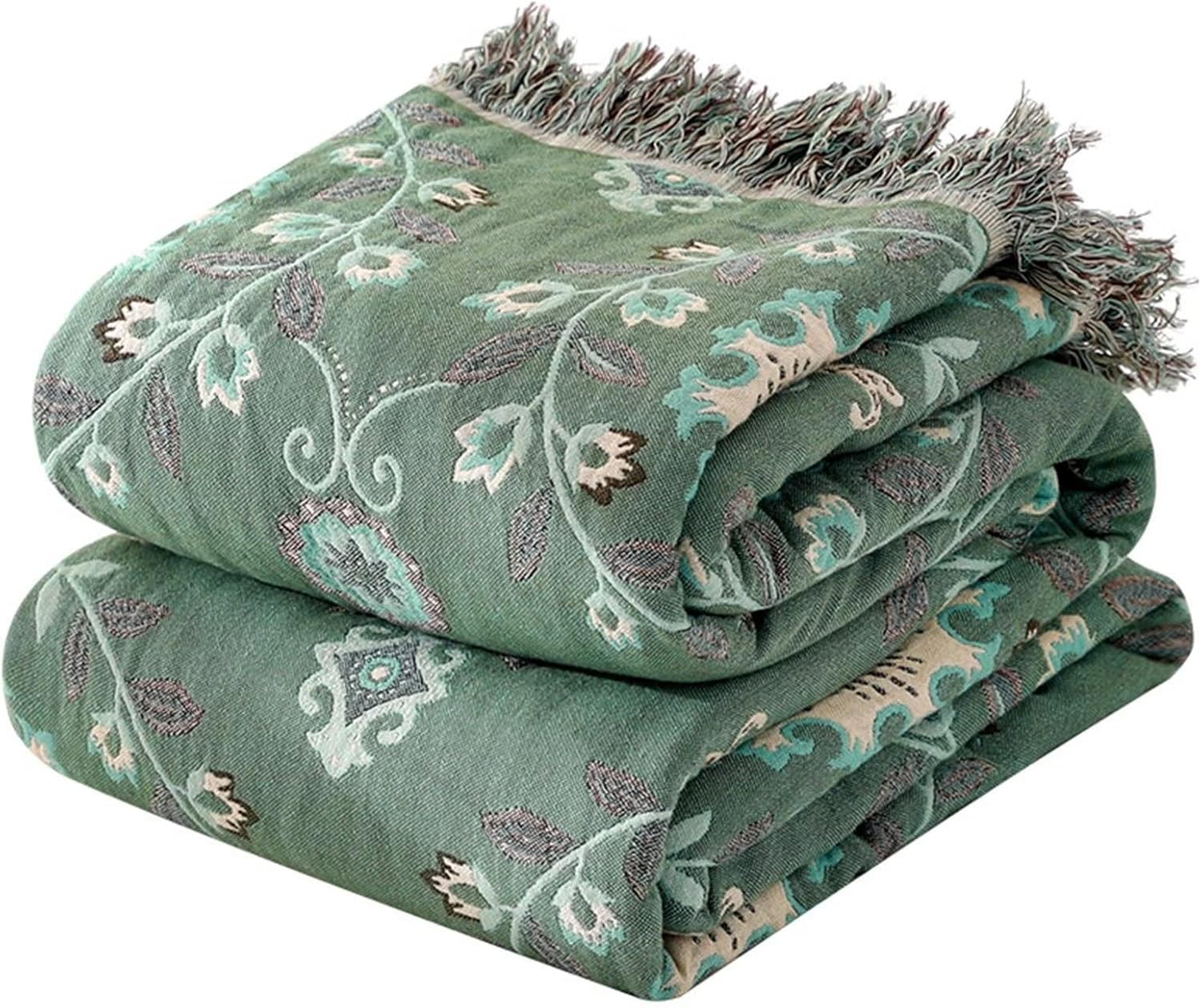 MSGKV Boho Throw Blanket for Couch Bed 100% Cotton Blankets Woven Green Blanket,Versatile Double