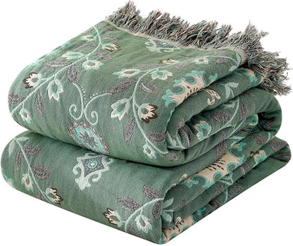 MSGKV Boho Throw Blanket for Couch Bed 100% Cotton Blankets Woven Green Blanket,Versatile Double