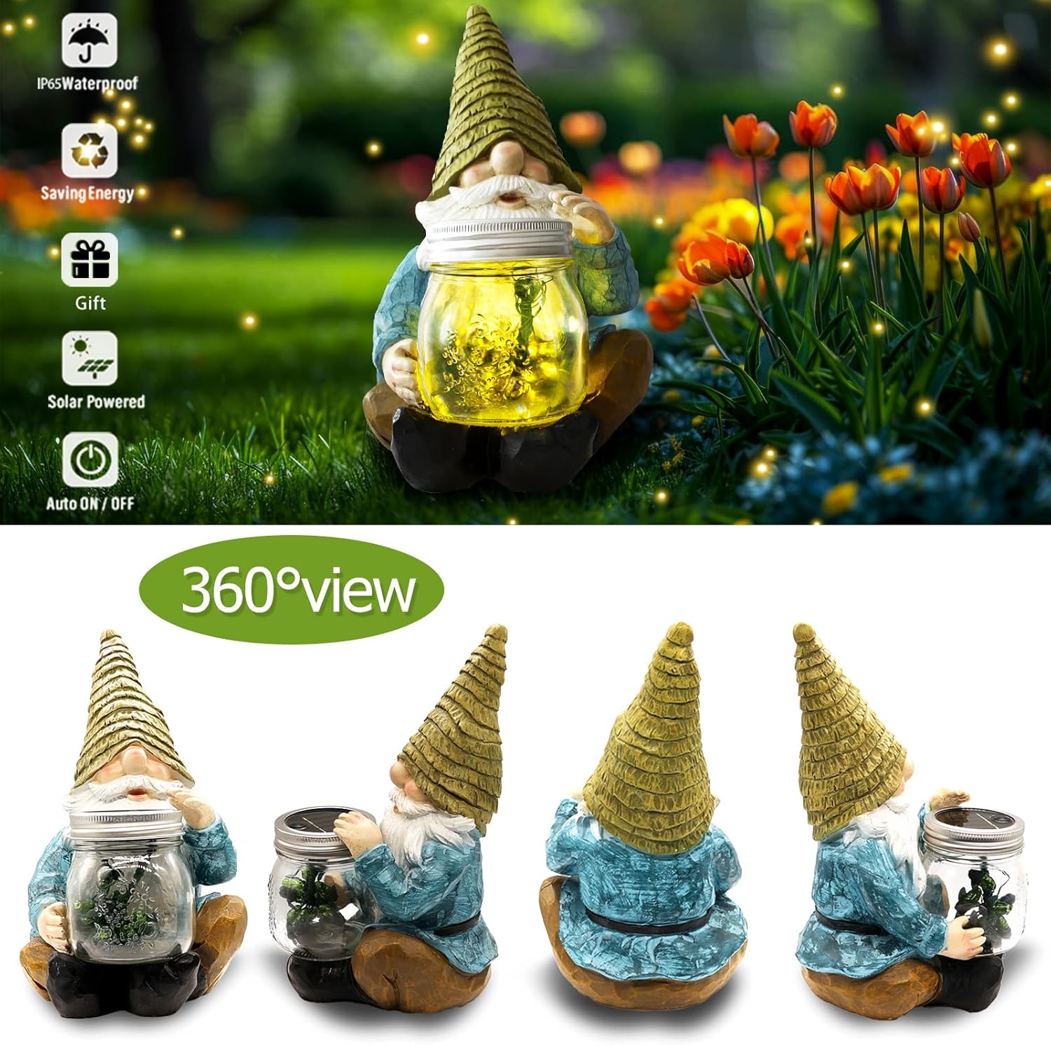 Solar Firefly Jar Gnome Waterproof- Large Garden Gnome Funny Solar Outdoor LED Lights Resin Statues