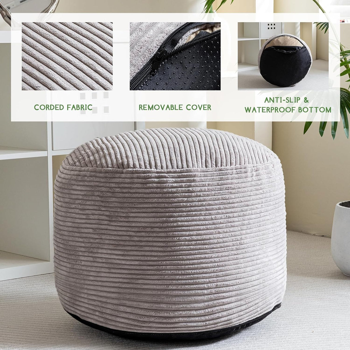 HIGOGOGO Round Stuffed Pouf Ottoman, Corduroy Poufs with Foam Chunk Filling, Furry and Fluffy Pouf