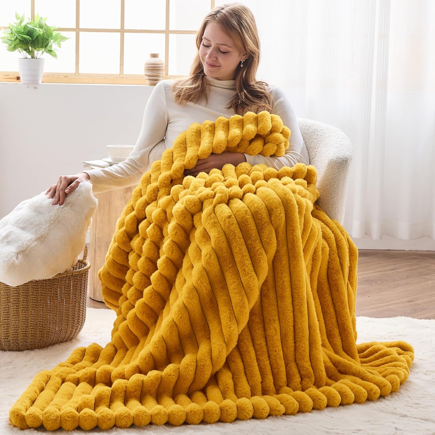 NEWCOSPLAY Faux Fur Throw Blanket Mustard Yellow 3D Ribbed Plush Thick Warm Blanket for Couch Sofa