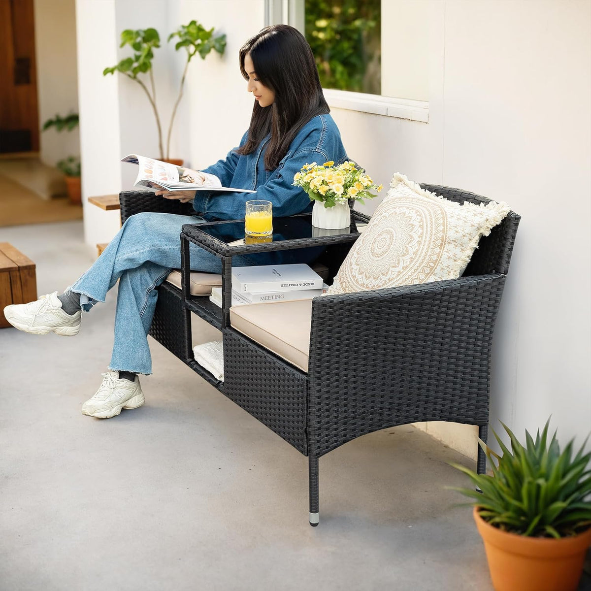 Flamaker Outdoor Furniture Patio Loveseat Wicker 2-Seat with Built-in Table and Cushions Rattan