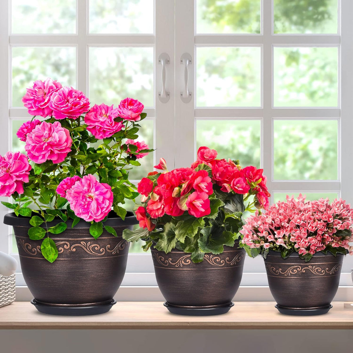Plastic-Plant-Flower-Planters-8 Inch with Drainage Hole & Saucer, 6 Packs Lightweight Small Resin