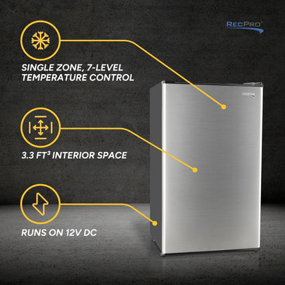 RecPro 3.3 Cu Ft 12V RV Refrigerator | Stainless Steel Frost-Free Fridge with Can Holder | Compact