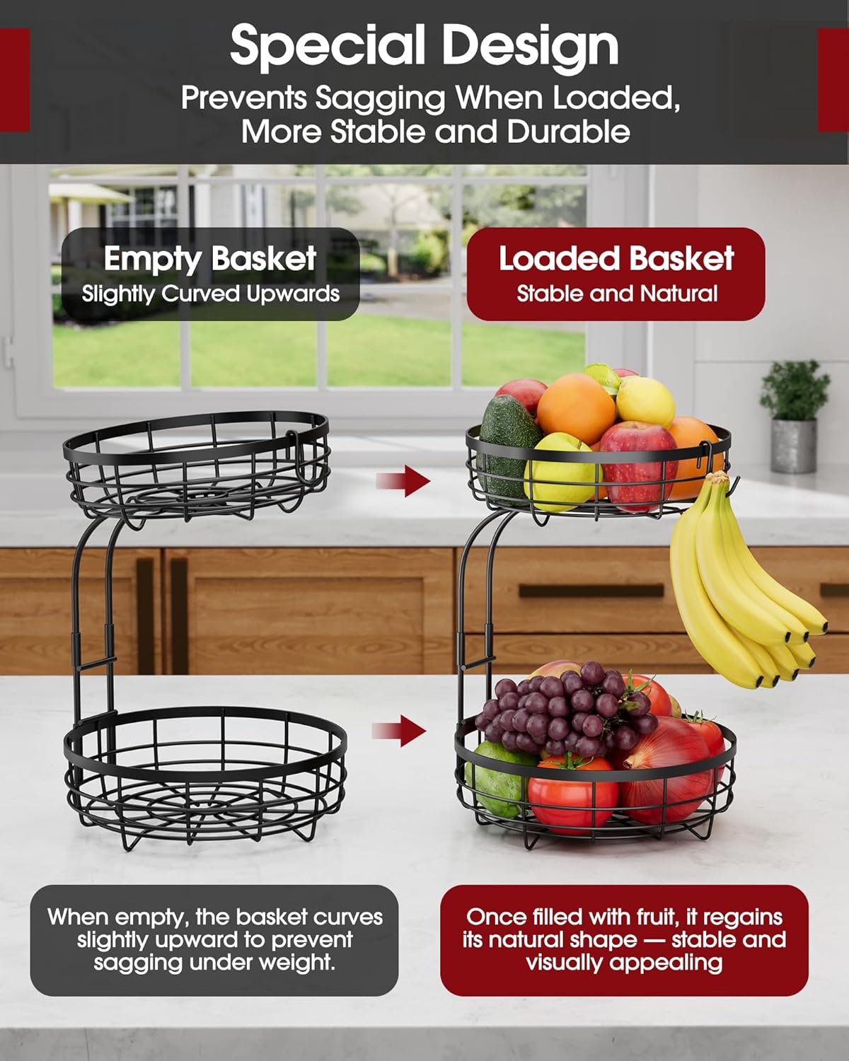 Fruit Basket for Kitchen Counter - 2-Tier Large Capacity Fruit Bowl with Detachable Banana Hanger