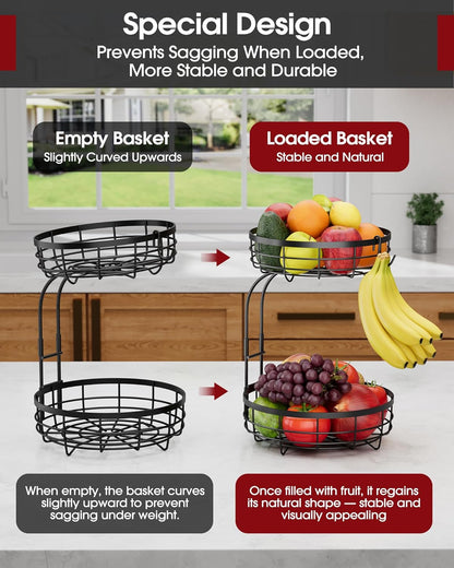 Fruit Basket for Kitchen Counter - 2-Tier Large Capacity Fruit Bowl with Detachable Banana Hanger