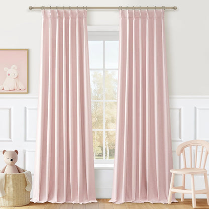Baby Pink Blackout 102 Inch Long Curtains for Living Room, Farmhouse Textured Linen Pinch Pleat