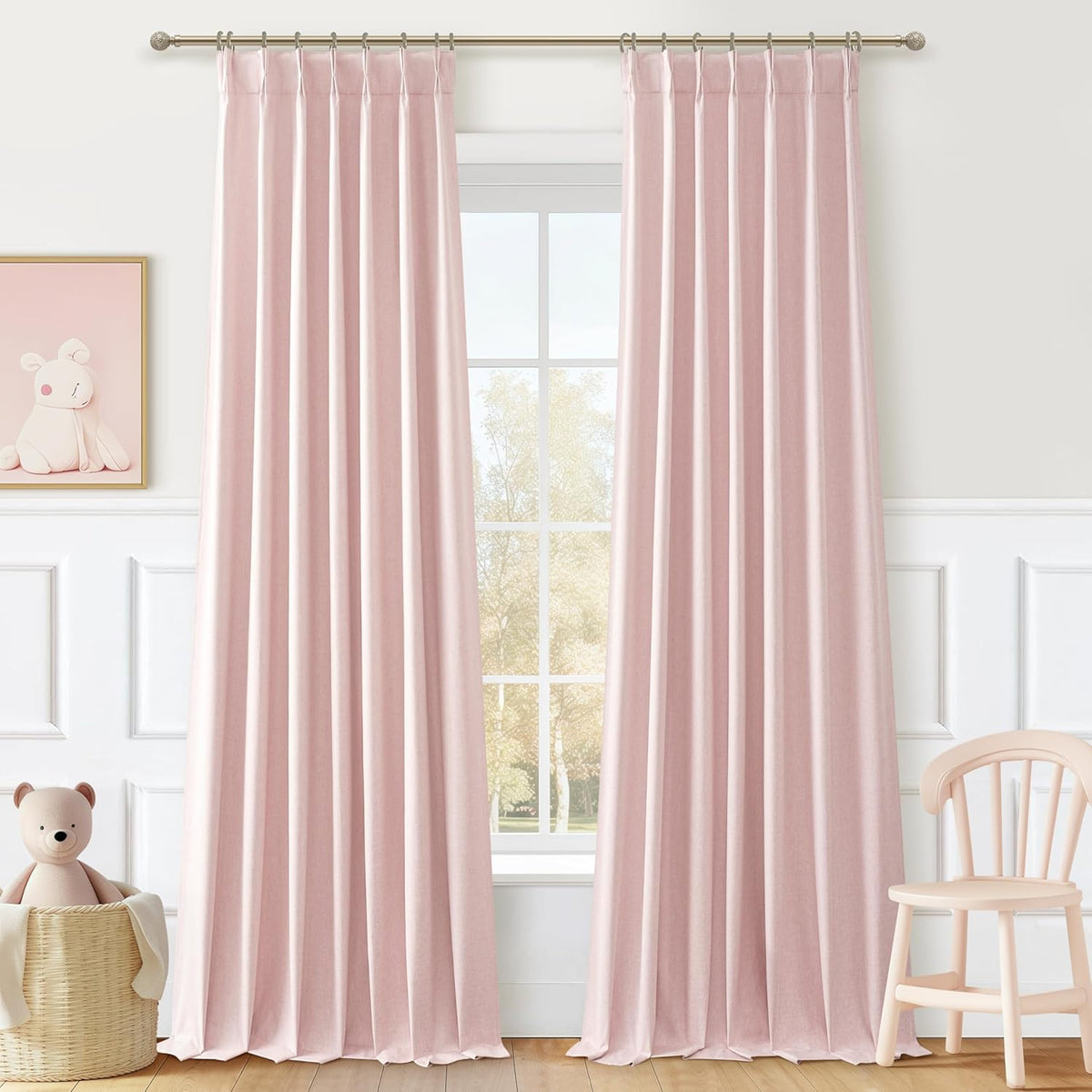 Pink Blackout Thick Linen Drapes 108 Inches Long 2 Panels Set for Bedroom, Extra Long Pinch Pleated