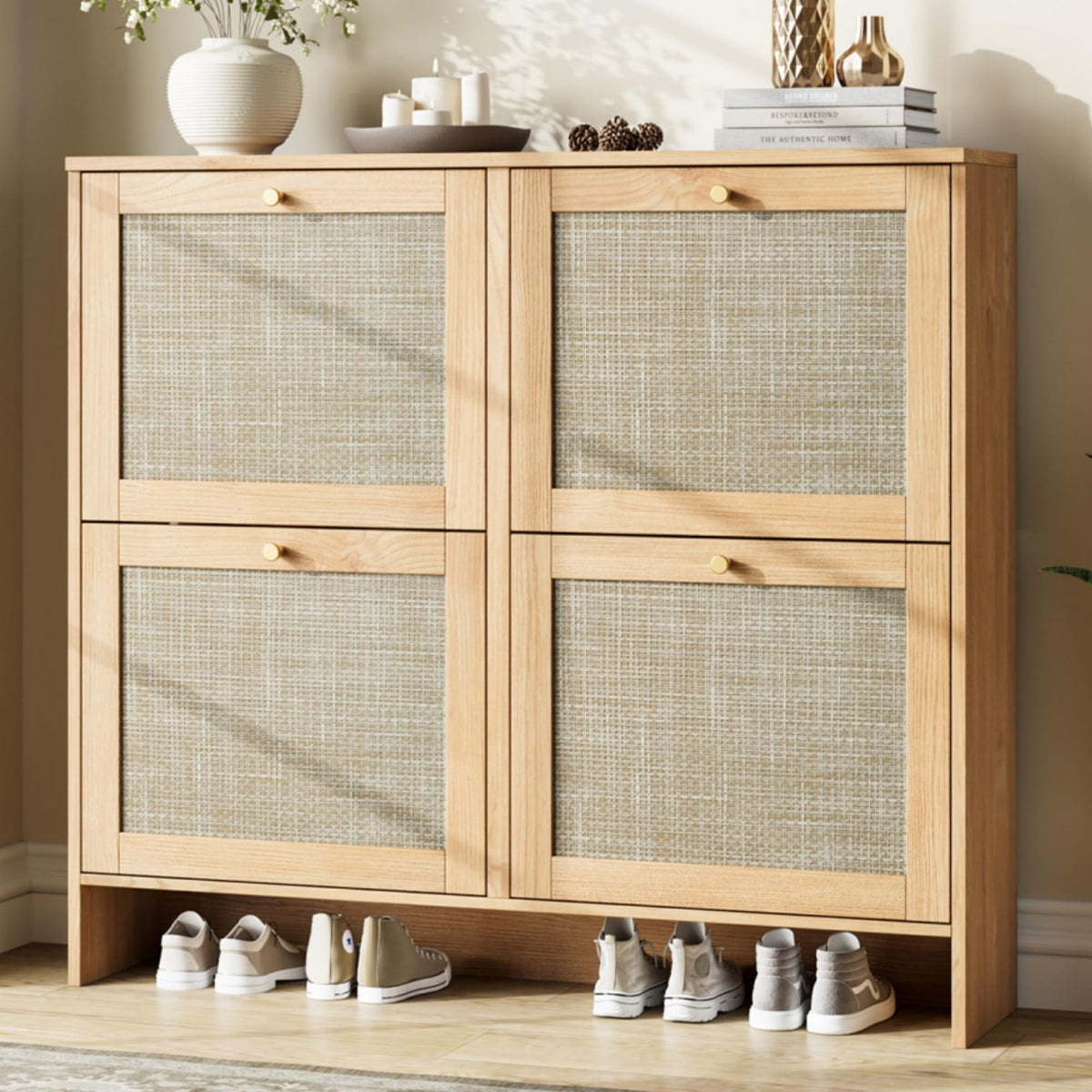 Nicetree Modern Rattan Shoe Cabinet, 4 Flip Drawers & Adjustable Shelves, Ultra Slim Freestanding