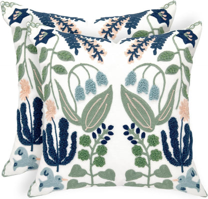 Alysheer Floral Embroidered Summer Decorative Throw Pillow Covers 20"x 20" Set of 2, Farmhouse