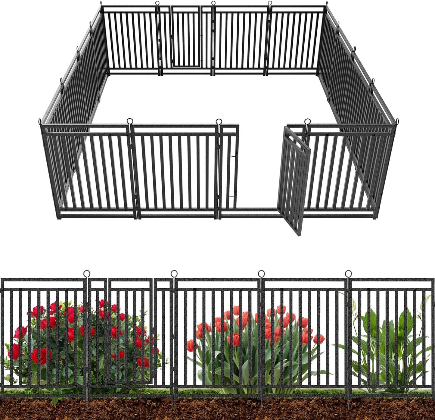 Decorative Garden Fence Metal Dog Fence Outdoor for Yard, 36ft (L) × 40in (H), 14 Panels + 2 Gates