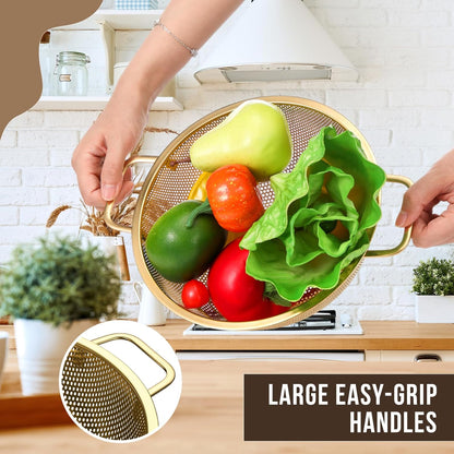 Norme 3 Quart Stainless Steel Gold Colander Gold Fine Mesh Strainer, Stainless Steel Pasta Rice