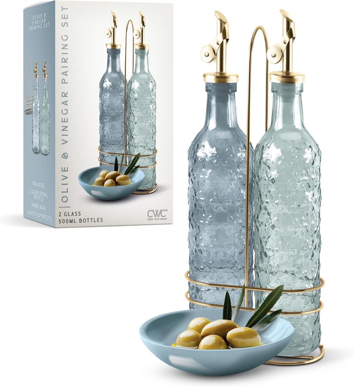 COOK WITH COLOR Glass Olive Oil Bottle Dispenser - 2 Pack- 17oz Oil and Vinegar Cruet - Olive Oil