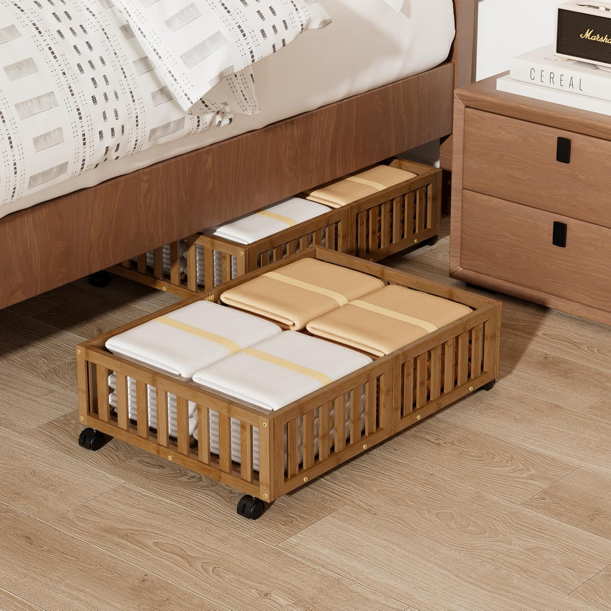 Bamboo Under Bed Storage with Wheels (2-Pack) – Rolling Underbed Shoe Organizer Box for Shoes