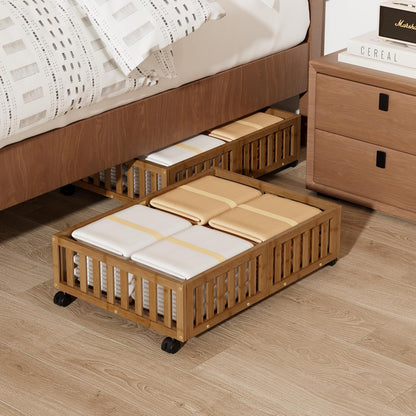 Bamboo Under Bed Storage with Wheels (2-Pack) – Rolling Underbed Shoe Organizer Box for Shoes