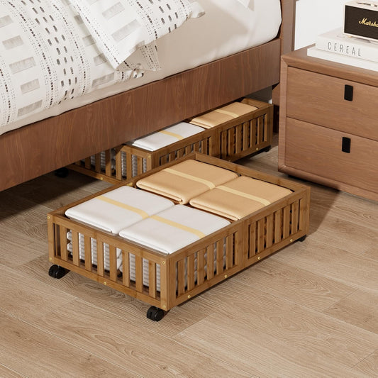 Bamboo Under Bed Storage with Wheels (2-Pack) – Rolling Underbed Shoe Organizer Box for Shoes