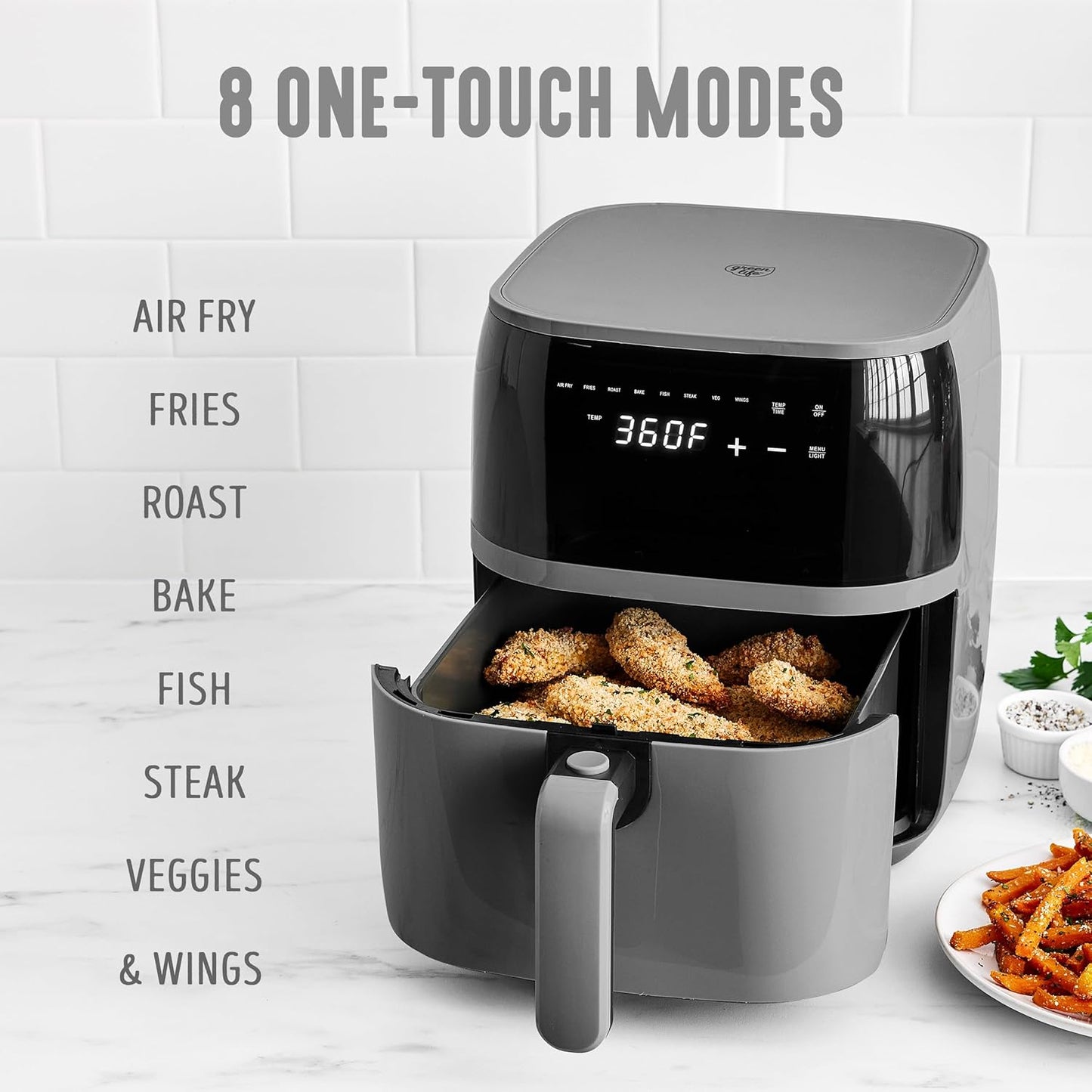 GreenLife Compact Electric Air Fryer Oven, 5.3 QT, PFAS-Free Ceramic Nonstick Drawer, 8 One Touch