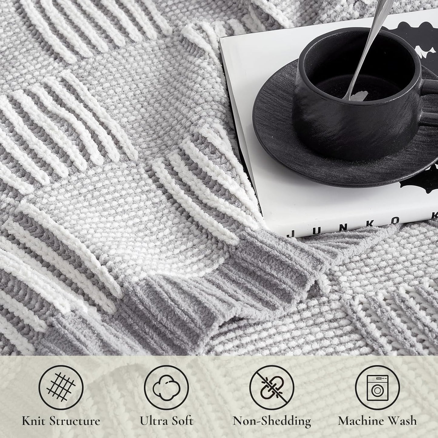 Amélie Home Chenille Knit Throw Blanket for Couch, Checkered Texture Decorative Soft Blanket for
