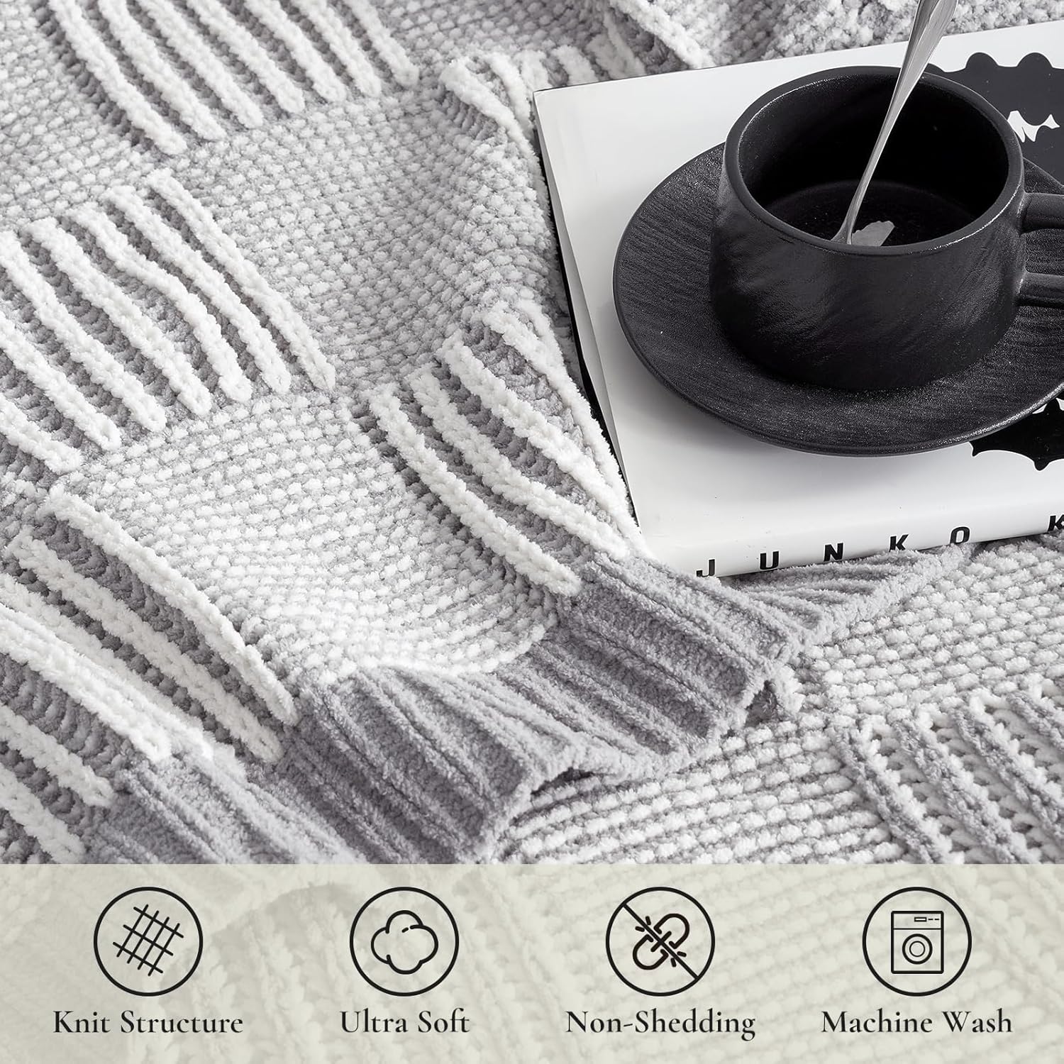 Amélie Home Chenille Knit Throw Blanket for Couch, Checkered Texture Decorative Soft Blanket for
