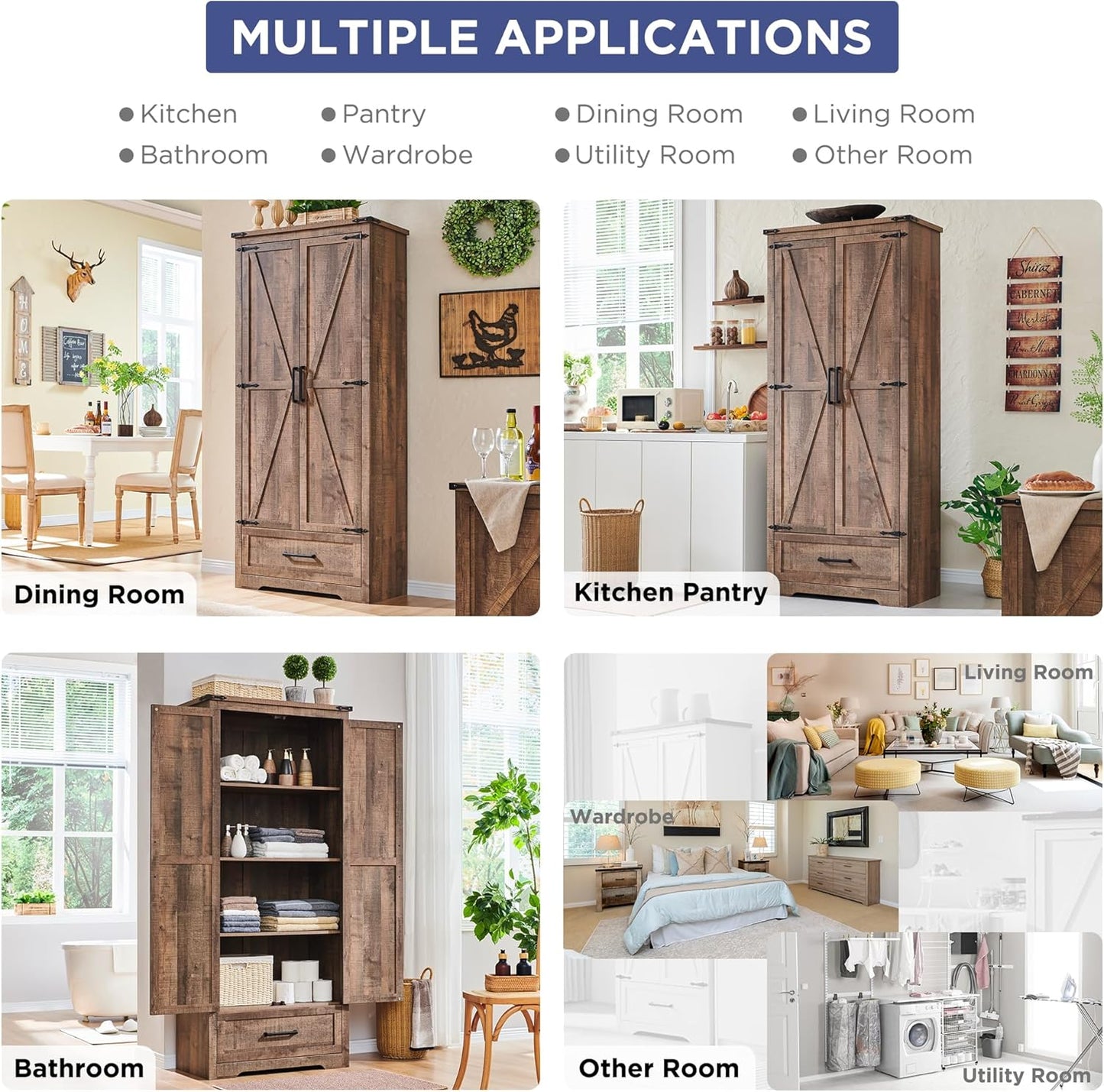 Farmhouse Kitchen Pantry Cabinet - 72" Tall Wood Kitchen Storage Cabinets with Adjustable Shelves &