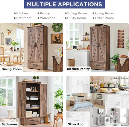 Farmhouse Kitchen Pantry Cabinet - 72" Tall Wood Kitchen Storage Cabinets with Adjustable Shelves &