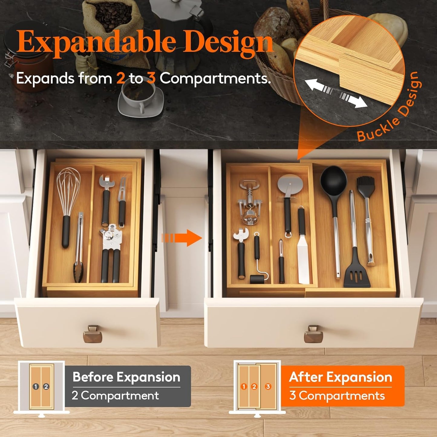 Lifewit Utensil Drawer Organizer, Expendable Cooking Silverware Tray for Kitchen Drawer, Bamboo
