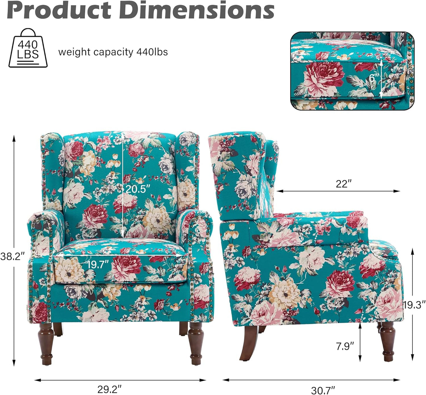 UIXE High Back Floral Accent Chairs Set of 2, Upholstered Armchair in Fabric, Retro Printed