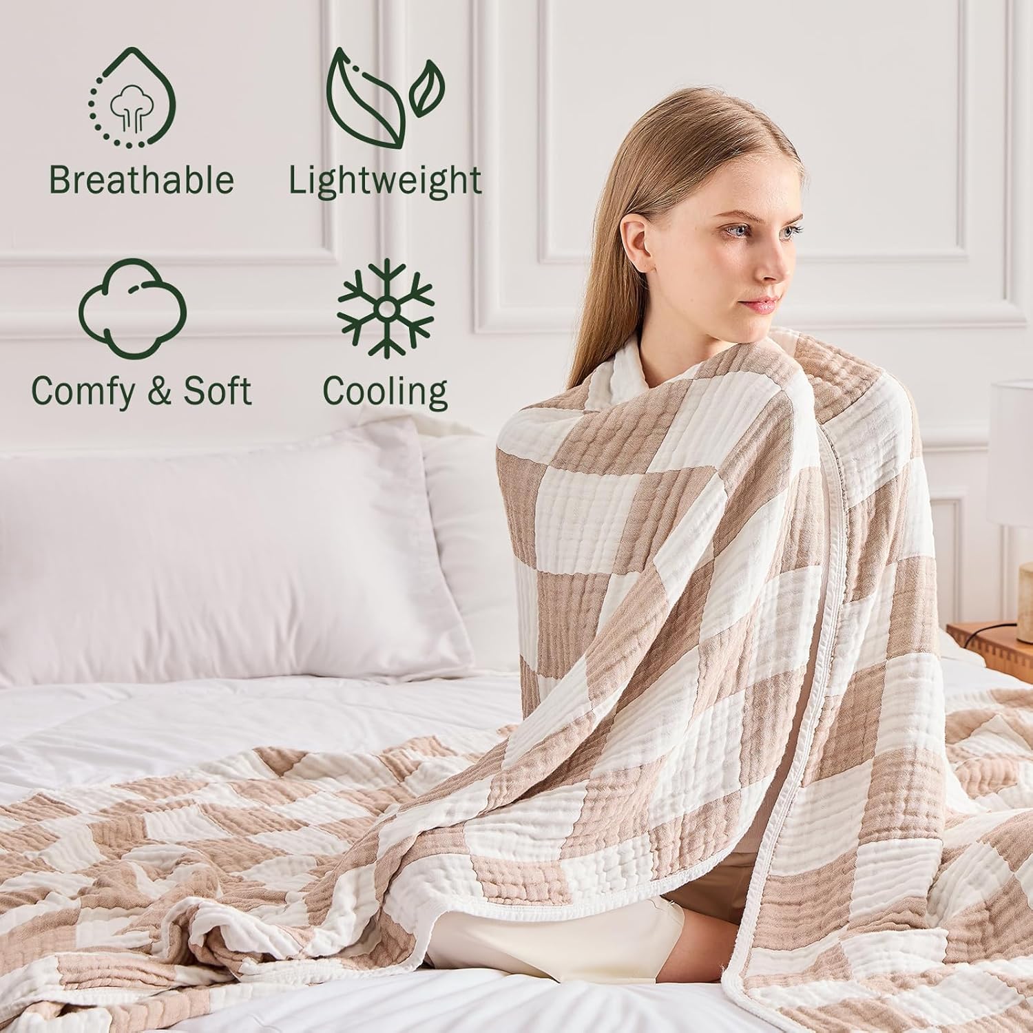EMME Checkered Throw Blanket Cooling Cotton Blanket for Couch Soft Muslin Blankets 50"x60"