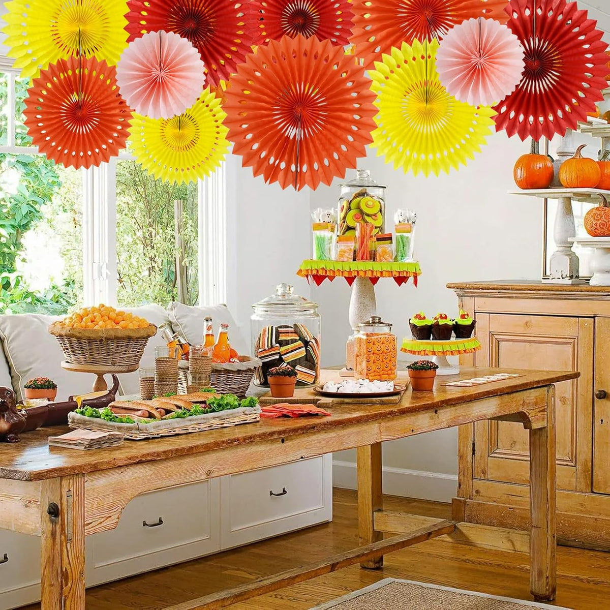 BEISHIDA Fall Orange Hanging Honeycomb Round Paper Fans Decoration Set for Thanksgiving Harvest