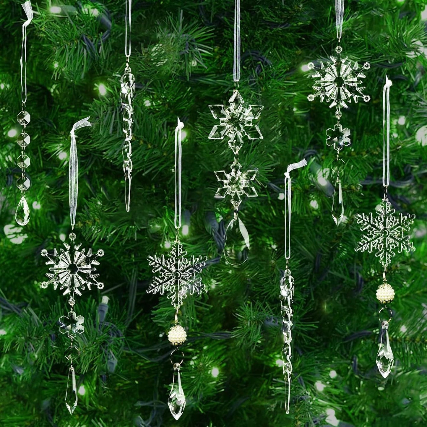 18pcs Christmas Tree Decoration Crystal Ornaments - Hanging Acrylic Christmas Snowflake Icicle Drop