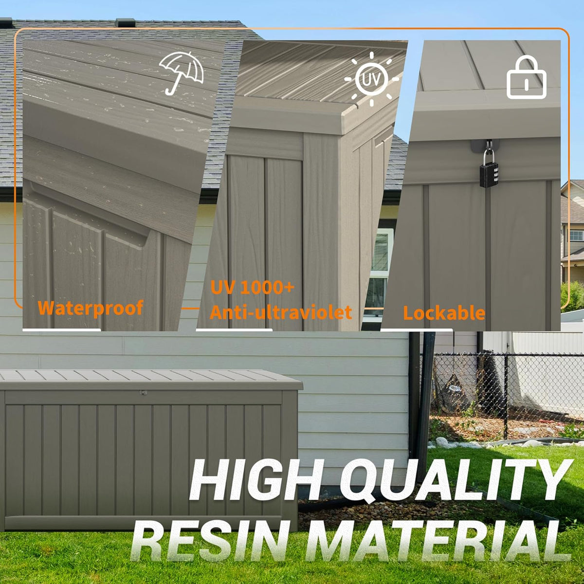 NUNU LAB 230 Gallon Large Resin Deck Box, Waterproof Outdoor Storage Box, Lockable Storage Bin for