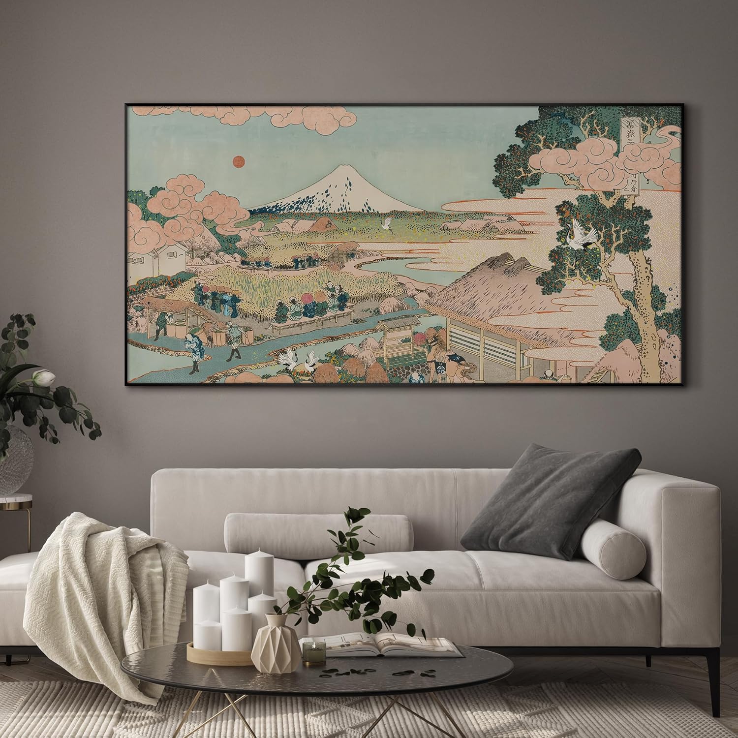 SIGNWIN 24"x46" Extra Large Framed Wall Art Japanese Ukiyo-e Landscape, Timeless Mt. Fuji Scene for