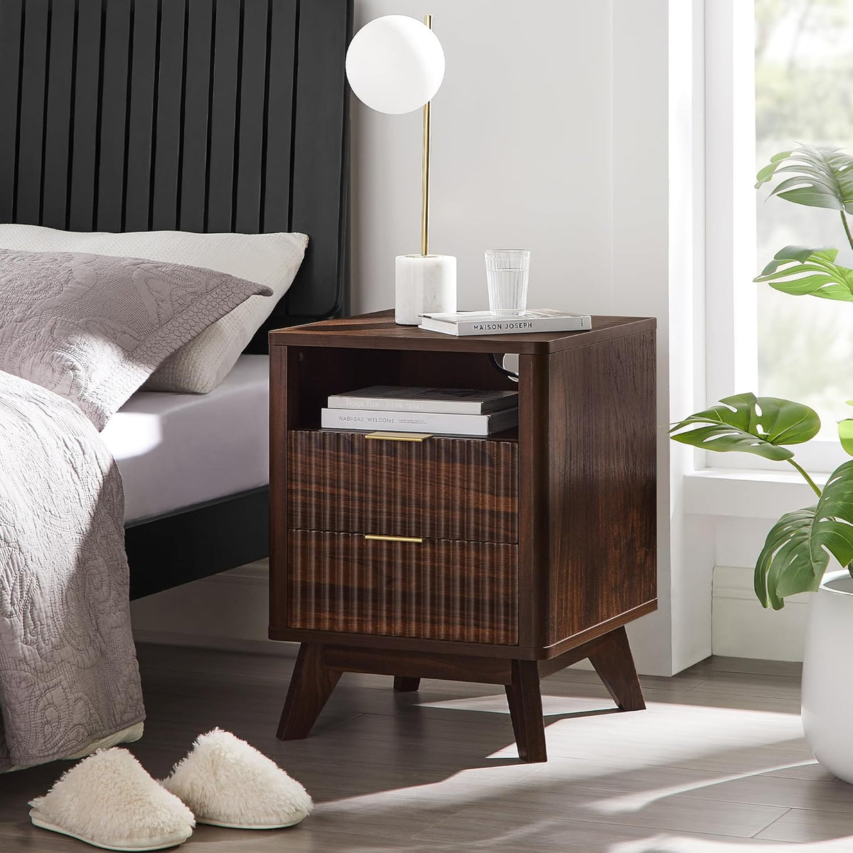 T4TREAM Fluted Nightstand with Charging Station, 18" Modern Side Table, 2 Drawers End Table with
