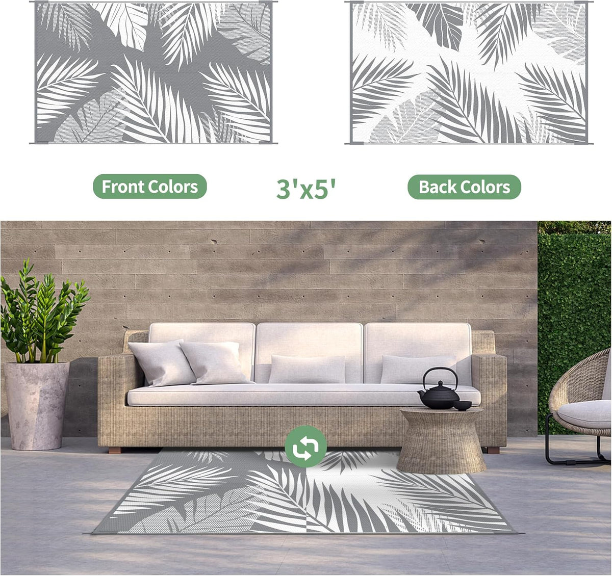 GENIMO Outdoor Rug 3' x 5' Waterproof for Patios Clearance, Reversible Outdoor Plastic Straw