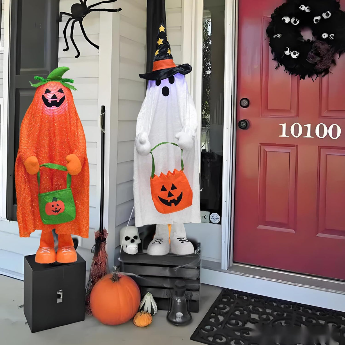 32" Front Porch Light up Halloween Pumpkin Figure Décor, Kit Standing Trick or Treat Indoor and