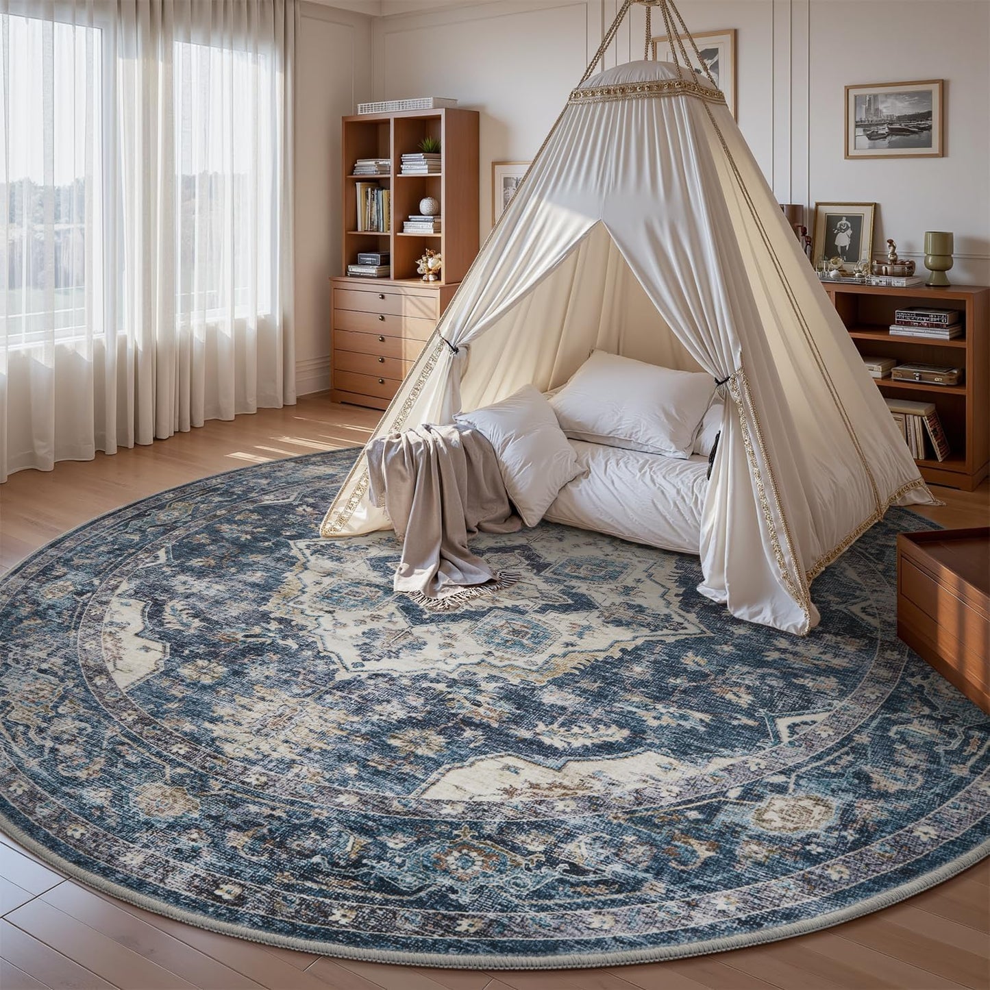 AMOAMI-6FT Round Rug-Rugs for Living Room-Vintage Soft Blue Rugs for Bedroom-Non Slip Circle