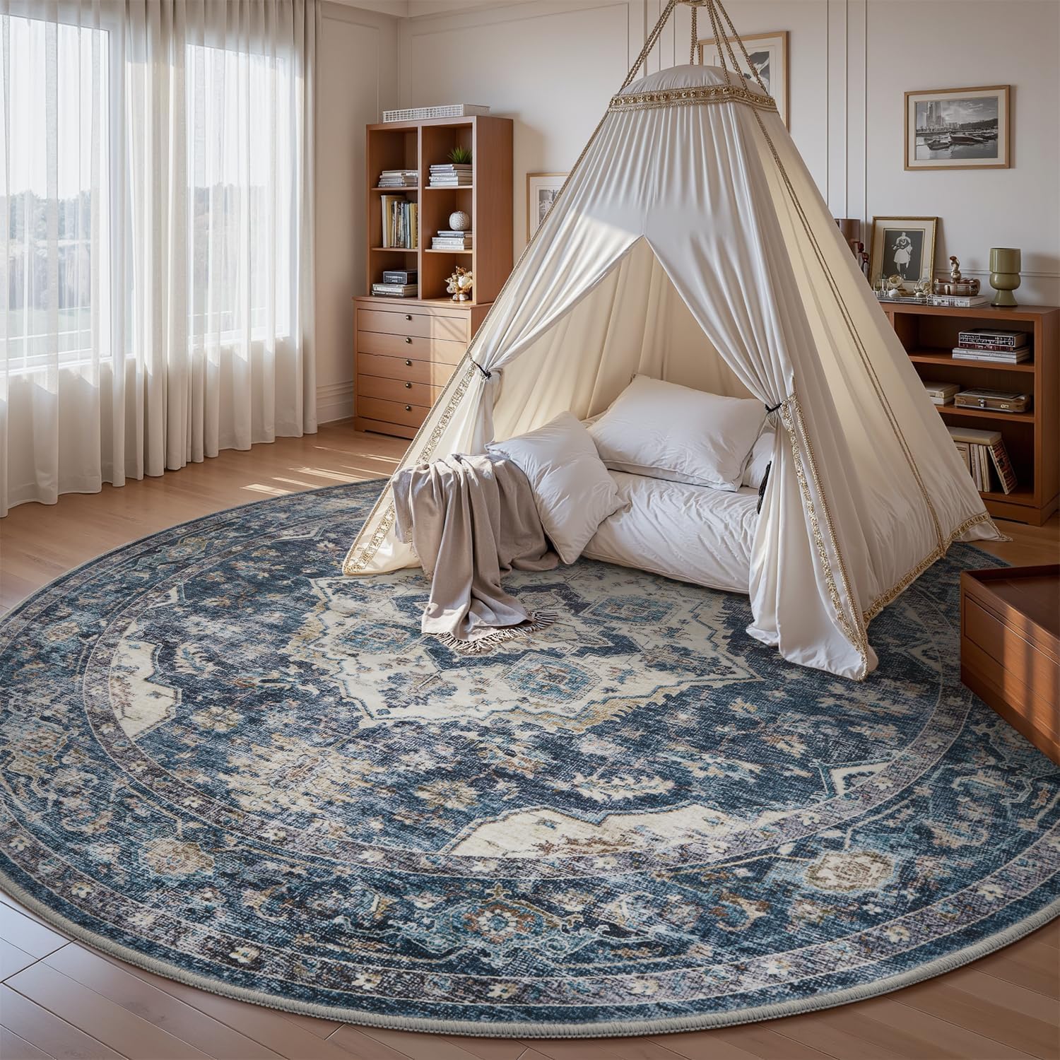 AMOAMI-6FT Round Rug-Rugs for Living Room-Vintage Soft Blue Rugs for Bedroom-Non Slip Circle