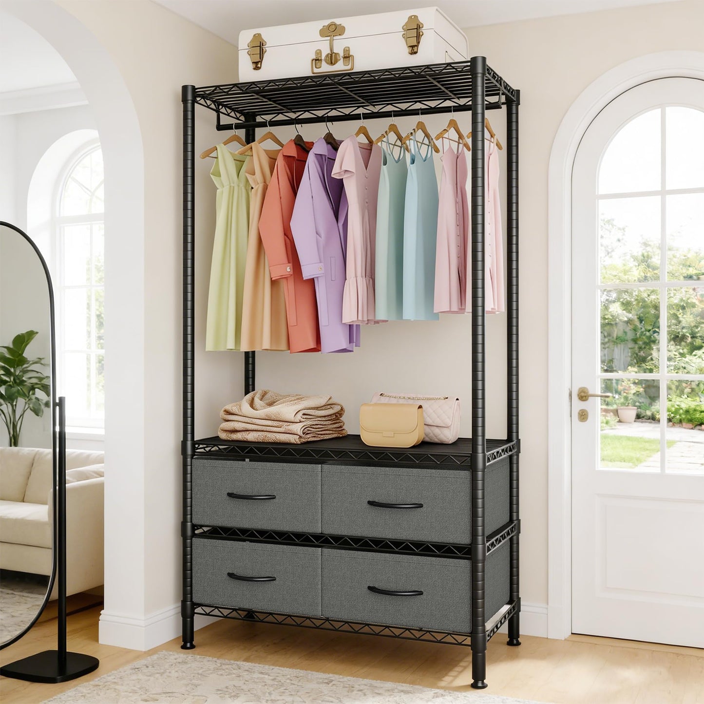 Garvee Freestanding Clothes Rack with Drawers and Adjustable Shelves