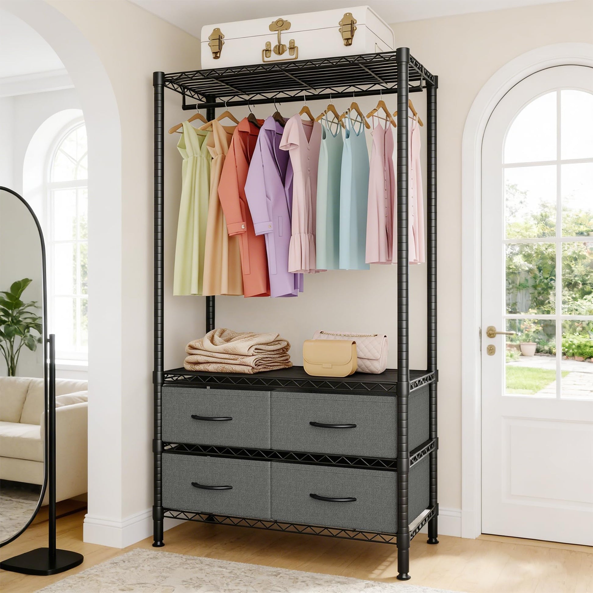 Garvee Freestanding Clothes Rack with Drawers and Adjustable Shelves