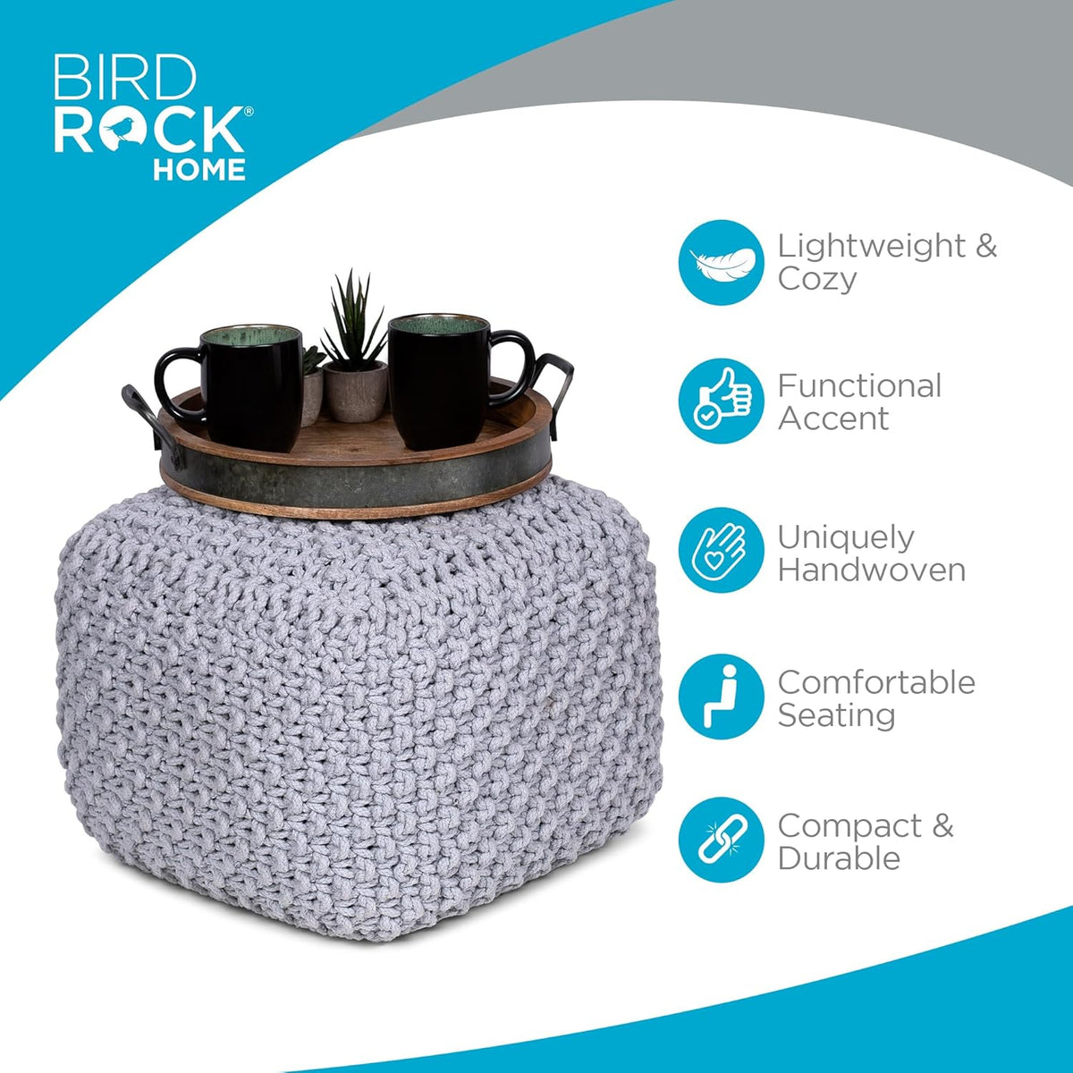 BIRDROCK HOME Square Pouf Ottoman | Cotton Braided Foot Stool with Bean Bag Filling | Boho Foot