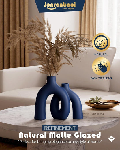 Matte Blue Vase Set - Hug Hollow Donut Aesthetic Ceramic Vases Home Decor, Navy Blue Decor Modern