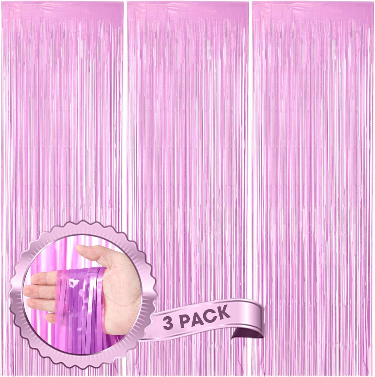 3 Pack 3.3 x 8.2 ft Pastel Purple Foil Fringe Backdrop Curtains, Tinsel Streamers Birthday Party