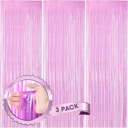 3 Pack 3.3 x 8.2 ft Pastel Purple Foil Fringe Backdrop Curtains, Tinsel Streamers Birthday Party