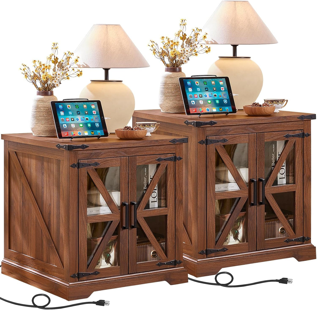 24" End Table Set of 2 with Charging Station, Farmhouse Night Stand with Glass Barn Door