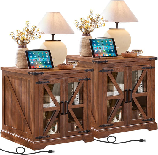 24" End Table Set of 2 with Charging Station, Farmhouse Night Stand with Glass Barn Door