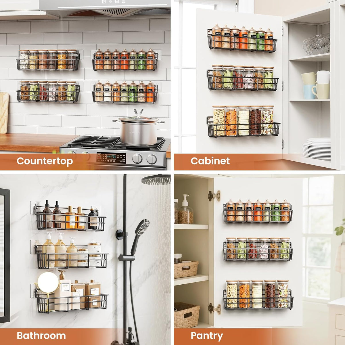 5 Pack Spice Rack Seasoning Organizer Wall Mount, Screw or Adhesive Hanging Shelf Basket Spice