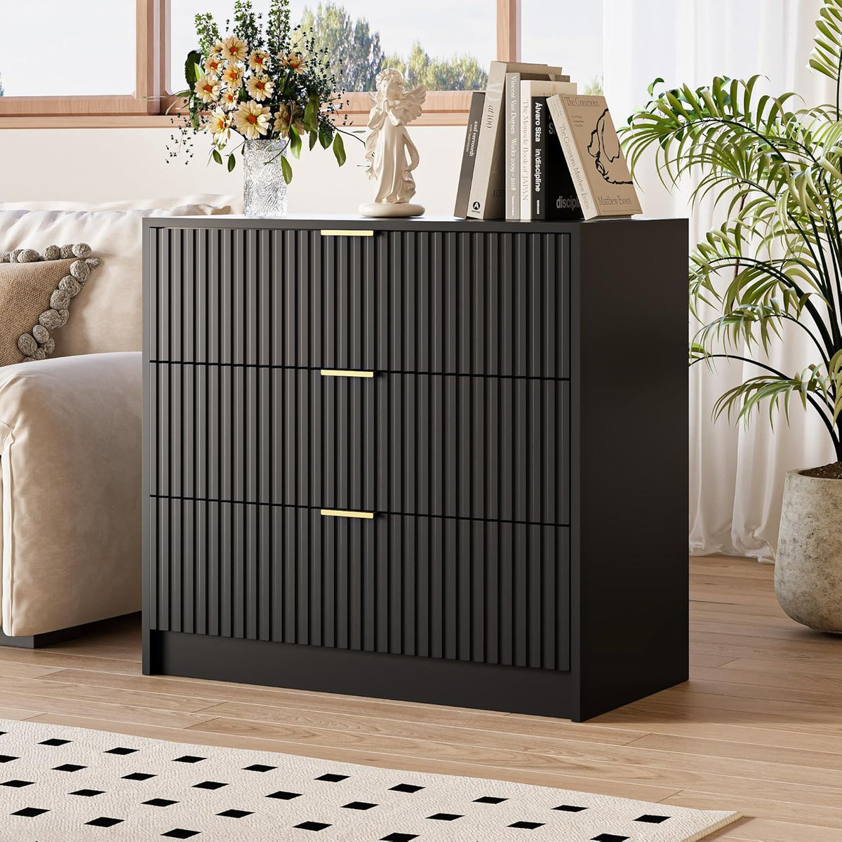Black Fluted Dresser for Bedroom, 32 Inch Wide Nightstand with Large Drawer, 3 Drawer End Table for
