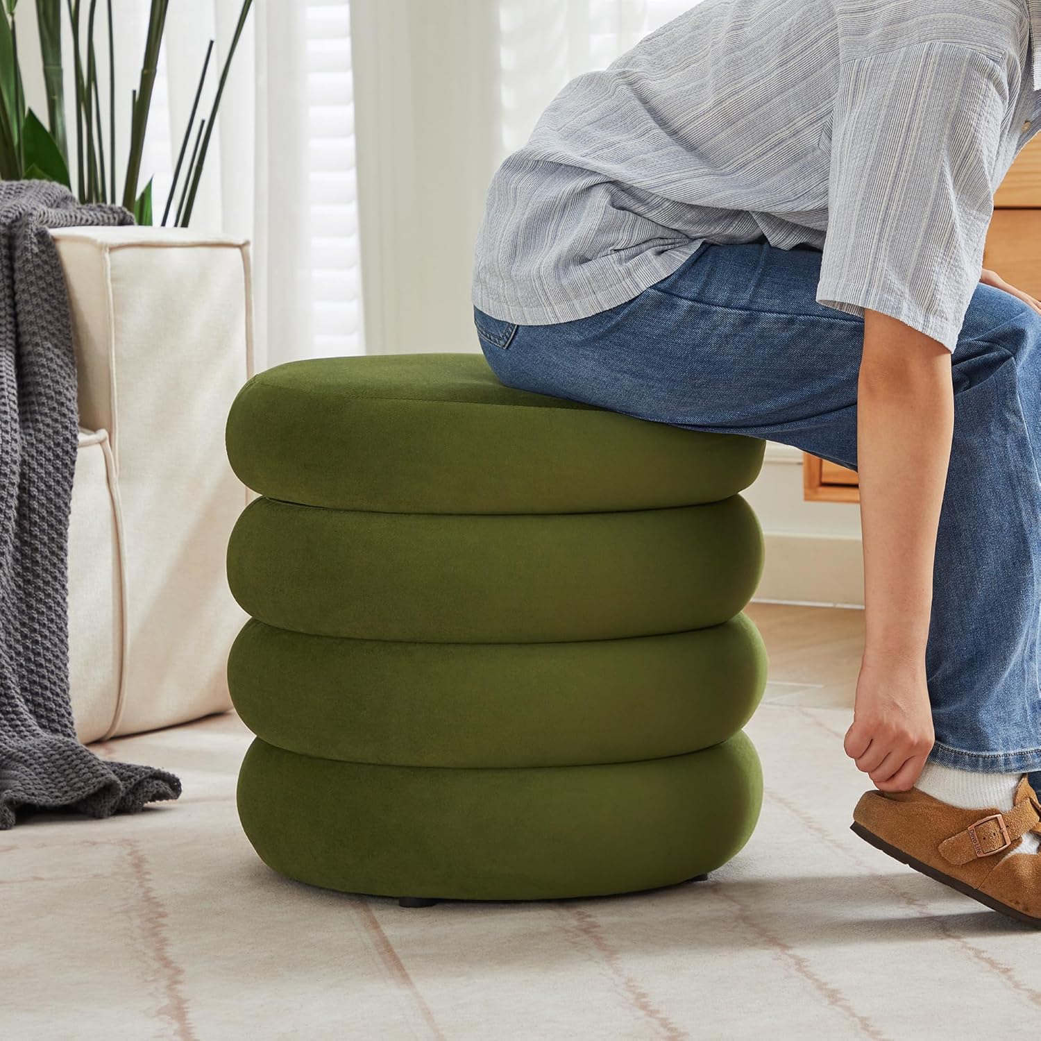 ONEVOG Round Storage Ottoman, 20" Small Ottomans Table with Removable Lid, Velvet Fabric Soft