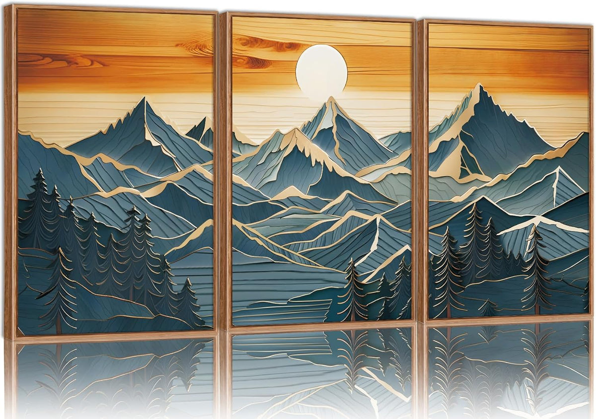 Tinonedraw Metal Mountain Framed Canvas Wall Art, Boho Mountains Artworks, Mid Century Modern Blue